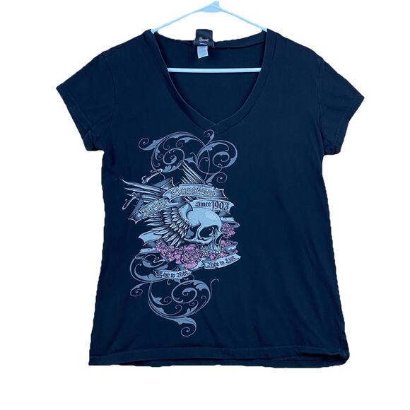 Harley Davidson Women’s Sugar Skull Rhinestone T-Shirt Large Black Houston TX - Picture 1 of 9